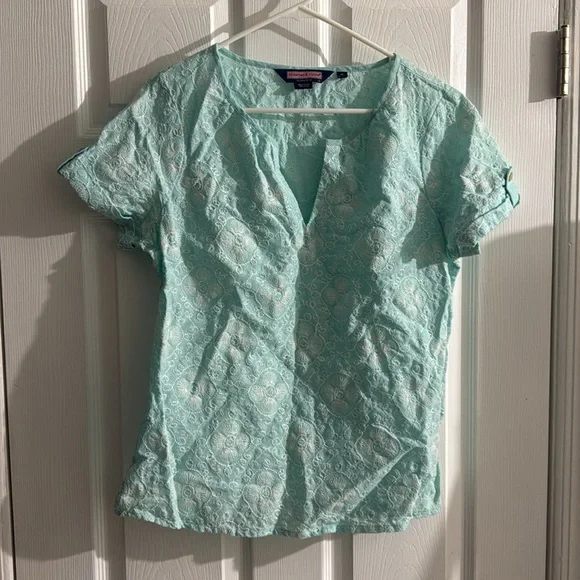 Vineyard Vines by Shep & Ian Linen Top sky blue Medium white thread pattern cute - Picture 3 of 10
